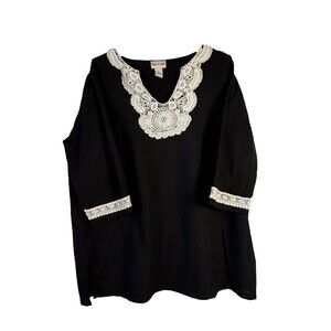 Toffee Apple Black Tunic Blouse V-Neck White Crochet Lace Collar & Cuffs XL READ